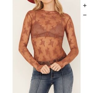 Free People Brown Lace Long Sleeve Top Size Medium NWT